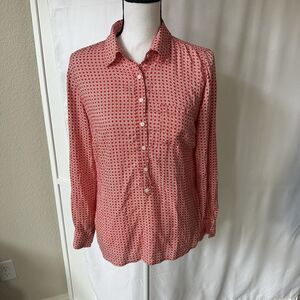 Leyla Women Medium Long Sleeve Shirt Top Rayon Pullover Button Red White Dots